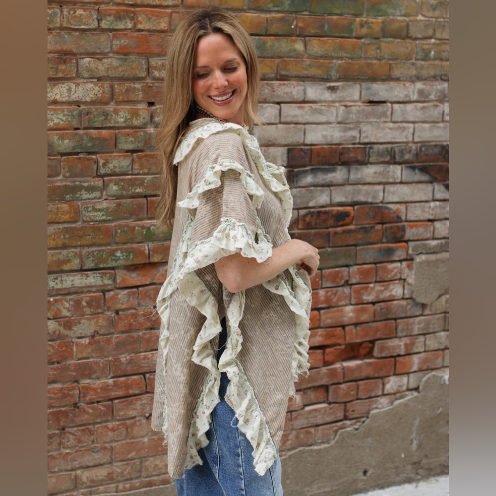 Oli & Hali Ruffle Trim Button Down Stripe & Floral Top - Picture 4 of 8